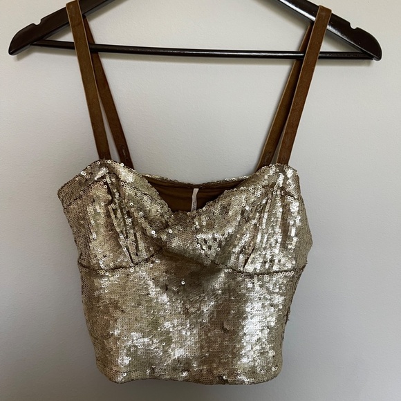 Free People River of Stars Gold Sequin Sparkle Bustier Crop Top - Picture 4 of 6